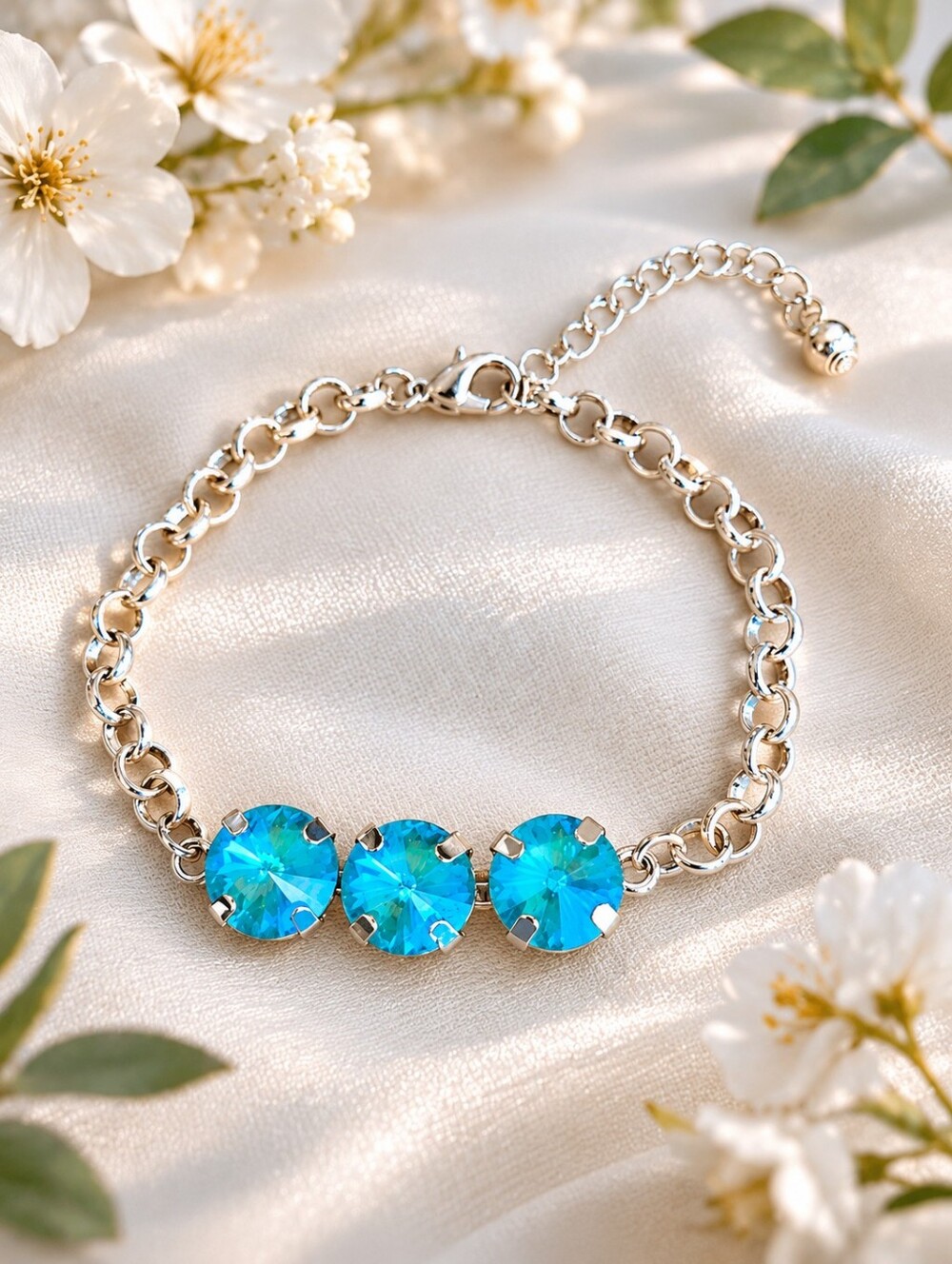 Blue / Green Sparkly Crystals Gold Rolo Chain Bracelet - Hand Crafted
